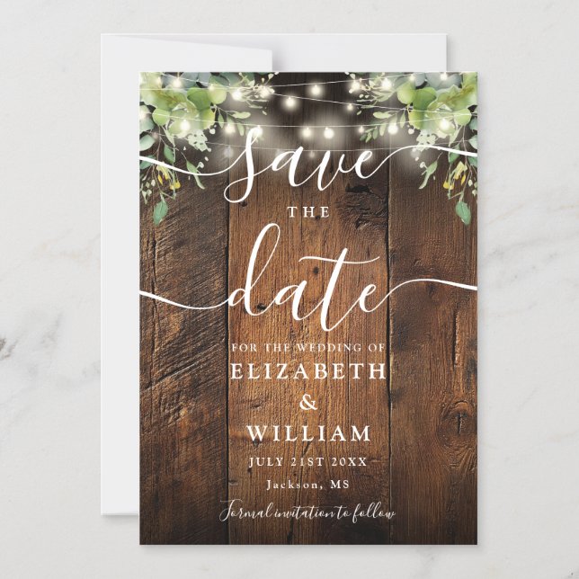 Invitation Magnétique String Lights Greenery Wood Wedding Save The Date (Recto)