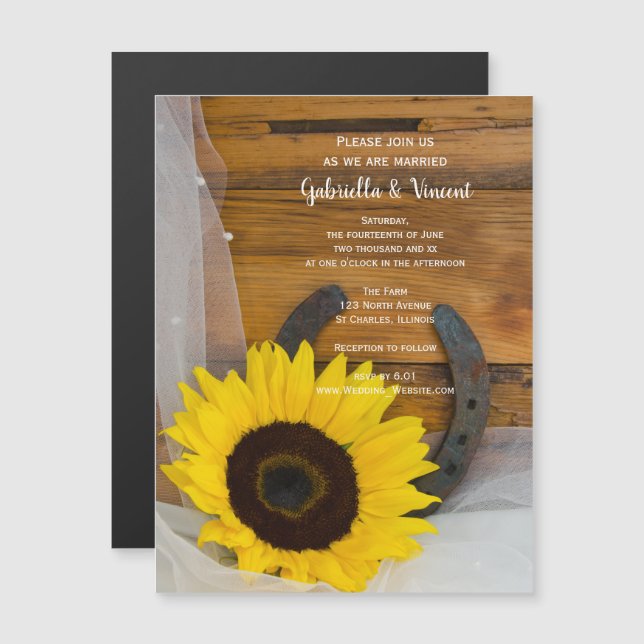 Invitation Magnétique Sunflower et Horseshoe Mariage occidental (Devant / Derrière)