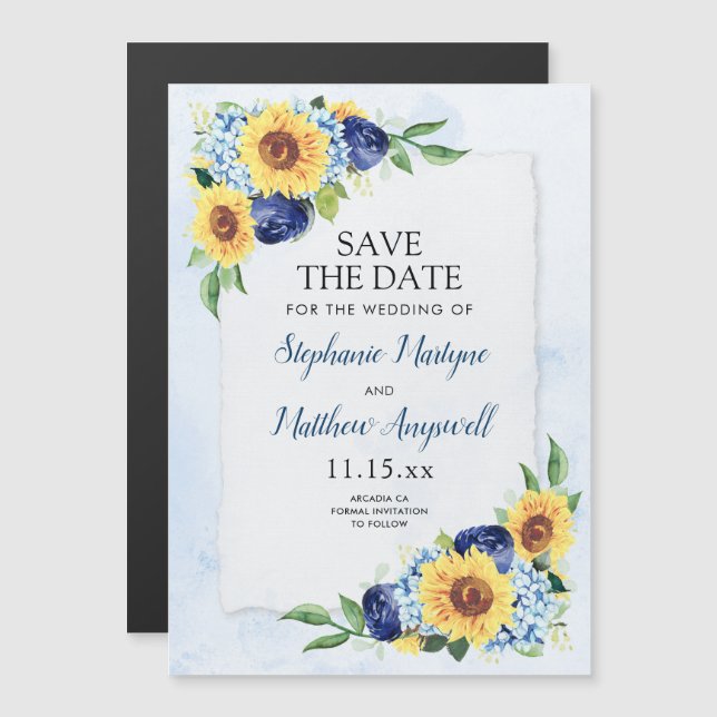 Invitation Magnétique Sunflower Hydrangea Blue Watercolor Mariage (Devant / Derrière)