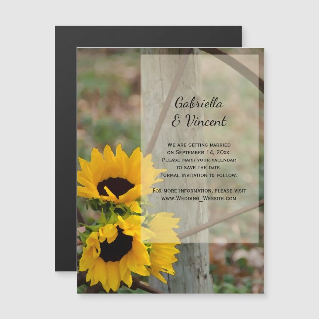 Invitation Magnétique Sunflowers et Wagon Wheel Wedding Enregistrer la d (Devant / Derrière)