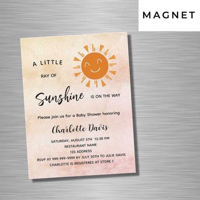 Invitation Magnétique Sunshine Baby shower rose fille soleil luxe (Créateur téléchargé)