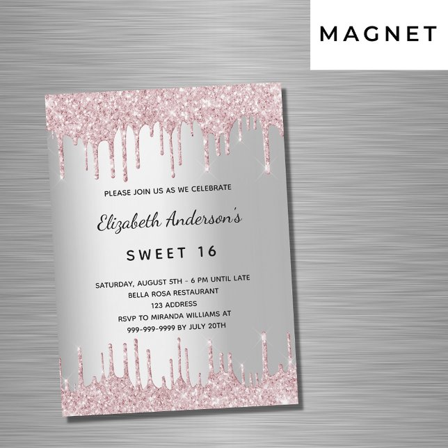 Invitation Magnétique Sweet 16 ans parties scintillant rose argent goutt (Créateur téléchargé)