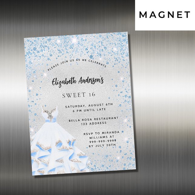 Invitation Magnétique Sweet 16 argent bleu scintille de fête luxe (Créateur téléchargé)