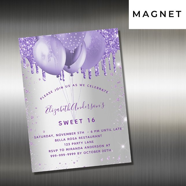 Invitation Magnétique Sweet 16 argent violet parties scintillant ballons (Créateur téléchargé)