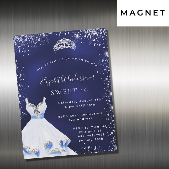 Invitation Magnétique Sweet 16 bleu argent robe parties scintillant tiar (Créateur téléchargé)