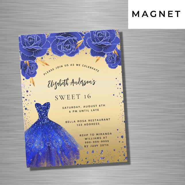 Invitation Magnétique Sweet 16 bleu royal robe florales or luxe (Créateur téléchargé)