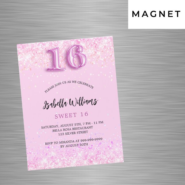 Invitation Magnétique Sweet 16 confetti rose fille fête luxe (Créateur téléchargé)