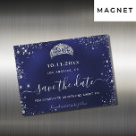 Invitation Magnétique Sweet 16 marine bleu argent enregistrer la date ai<br><div class="desc">Une petite fille et tendance Enregistrer la carte magnétique Date pour une Sweet 16, 16e anniversaire fête. Un arrière - plan bleu marine inégal. Décoré avec de la poussière de parties scintillant en faux argent et une tiare, couronne. Le texte : Save the Date est écrit avec un grand script...</div>