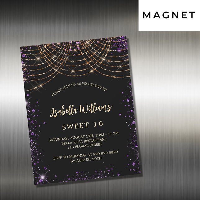 Invitation Magnétique Sweet 16 noir violet parties scintillant or glamou (Créateur téléchargé)