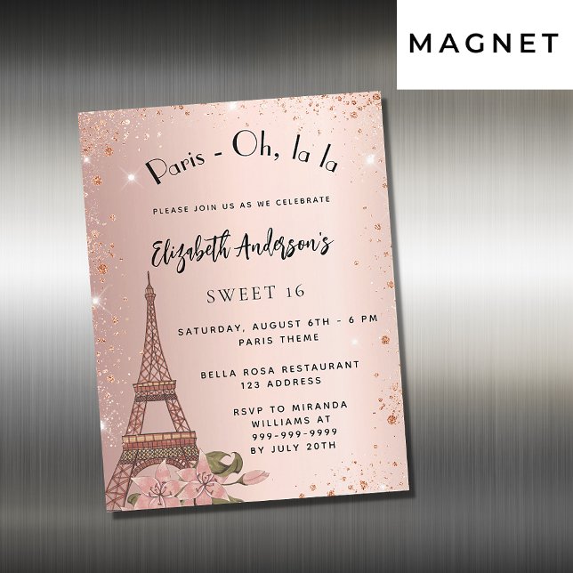 Invitation Magnétique Sweet 16 Paris rose or Eiffel tour luxe (Créateur téléchargé)