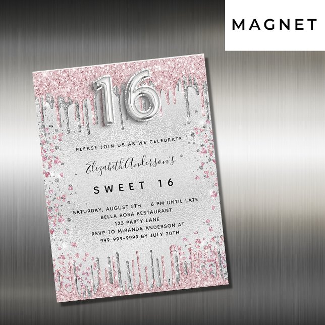 Invitation Magnétique Sweet 16 parties scintillant rose argent gouttes d (Créateur téléchargé)