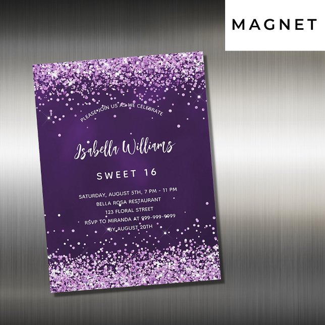 Invitation Magnétique Sweet 16 parties scintillant rose violet luxueux (Créateur téléchargé)
