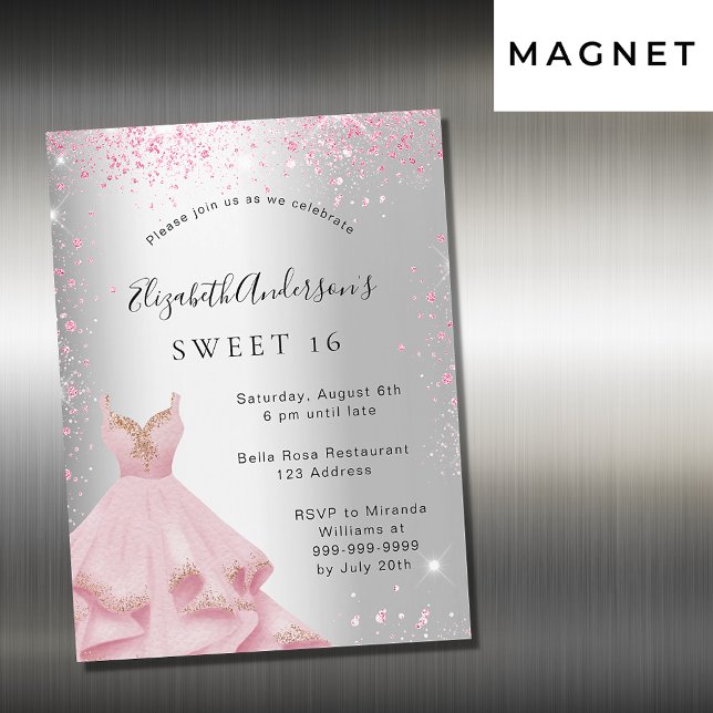 Invitation Magnétique Sweet 16 robe rose argent parties scintillant luxe (Créateur téléchargé)