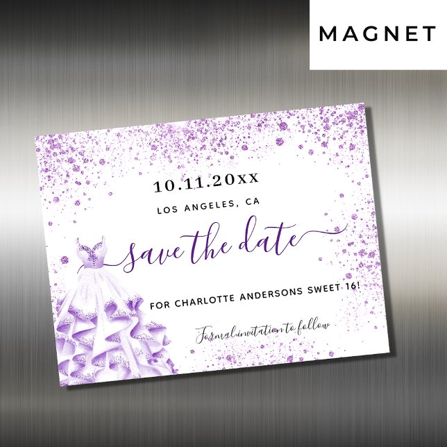 Invitation Magnétique Sweet 16 robe violette enregistrer l'aimant de dat (Créateur téléchargé)