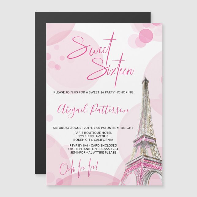 Invitation Magnétique Sweet 16 Rose Blanc Paris thème Anniversaire (Devant / Derrière)