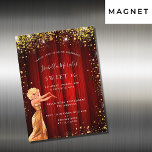 Invitation Magnétique Sweet 16 rouge or parties scintillant robe film lu<br><div class="desc">Un aimant d'invitation moderne, élégant et glamour pour un Sweet 16, 16e anniversaire, Hollywood thème. Un arrière - plan rouge avec de la poussière de parties scintillant en faux or, une fille portant une robe dorée. Un rideau de film rouge en tant qu'arrière - plan Le nom est écrit avec...</div>