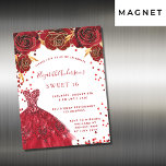 Invitation Magnétique Sweet 16 rouge robe blanche luxe<br><div class="desc">Une invitation moderne, élégante et glamour pour une fête Sweet 16, 16e anniversaire. Un arrière - plan blanc aux étincelles, une robe rouge et des roses rouges, des fleurs. Le nom est écrit avec un script de style moderne écrit à la main. Personnalisez et ajoutez les détails de votre fête....</div>