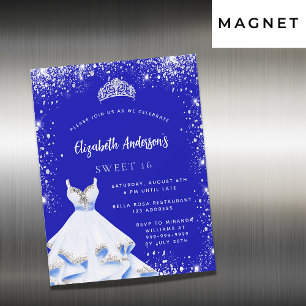 Invitation Magnétique Sweet 16 royal bleu argent robe tiara luxe