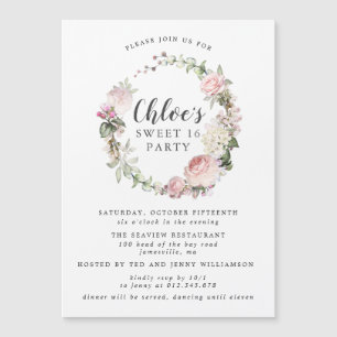 Invitation Magnétique Sweet sixteen rose blanc fleuri