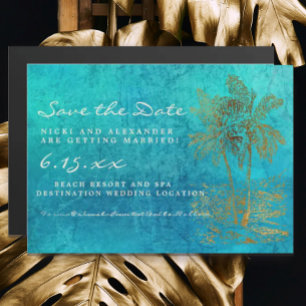 Invitation Magnétique Teal Gold Palm Trees Mariage Save Date