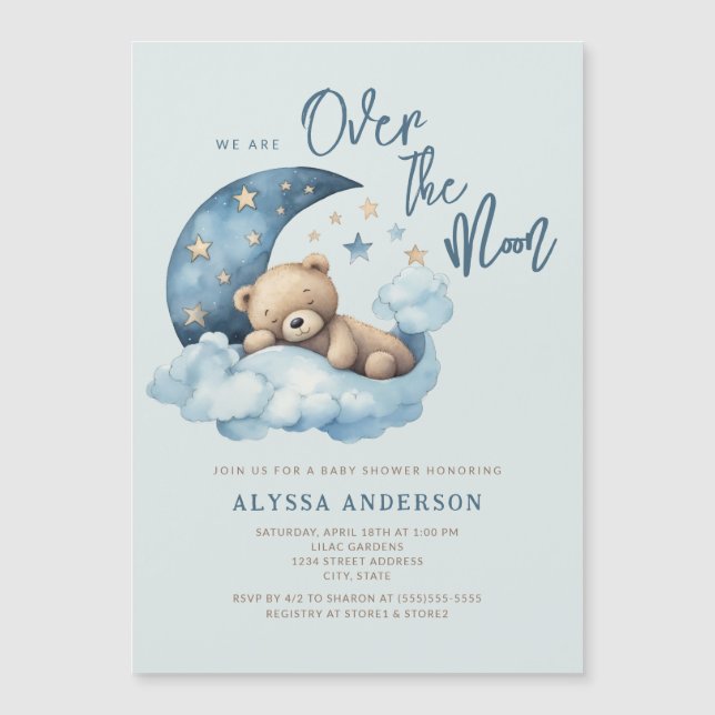 Invitation Magnétique Teddy Bear Over the Moon Baby shower (Devant)