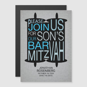 Invitation Magnétique Torah Bar Mitzvah moderne Sauvez le bleu gris de d