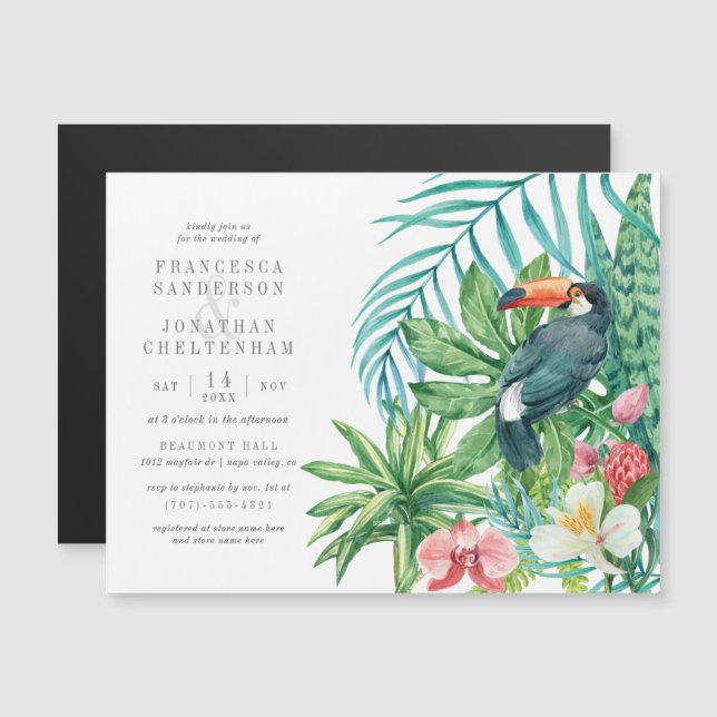 Invitation Magnétique Toucan et fleurs tropicales| Élégant Mariage d'été (Devant / Derrière)