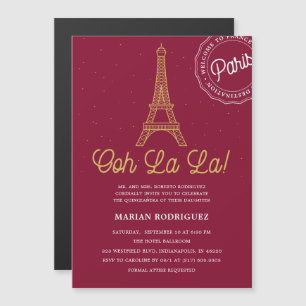 Invitation Magnétique Tour Eiffel Quinceañera en Bourgogne et or