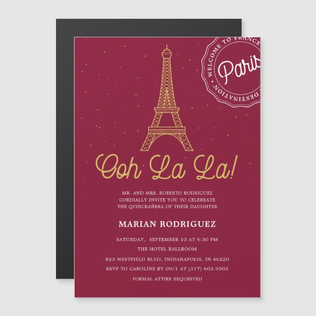 Invitation Magnétique Tour Eiffel Quinceañera en Bourgogne et or (Devant / Derrière)