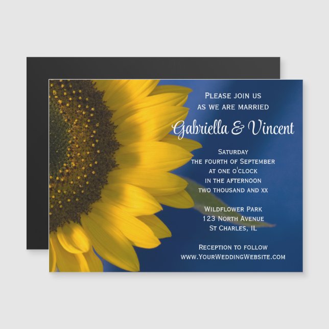 Invitation Magnétique Tournesol jaune sur Mariage bleu (Devant / Derrière)