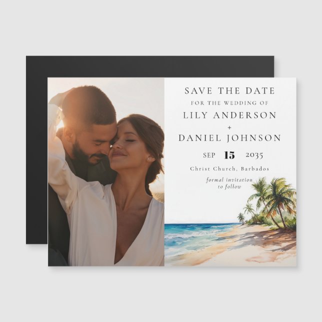 Invitation Magnétique Tropical Beach Photo Wedding Enregistrer La Date (Devant / Derrière)
