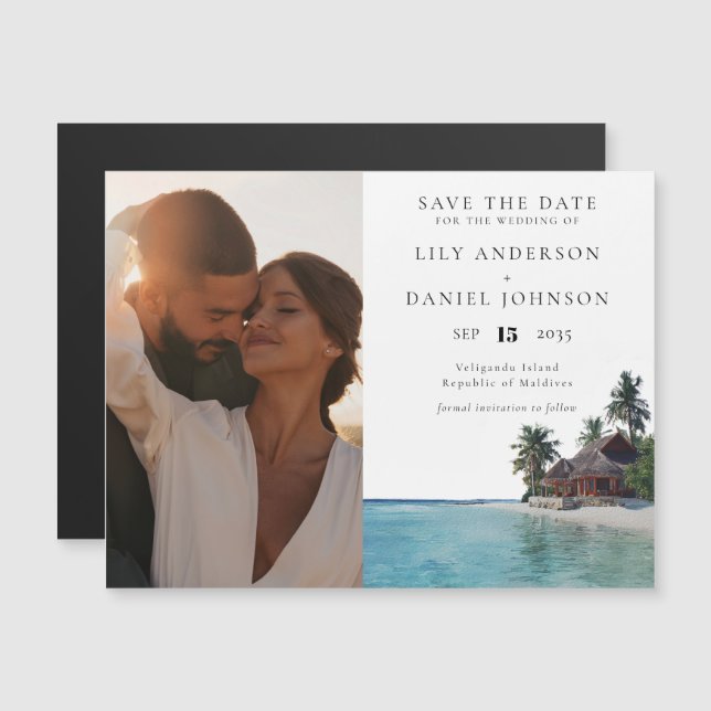 Invitation Magnétique Tropical Beach Photo Wedding Save The Date (Devant / Derrière)