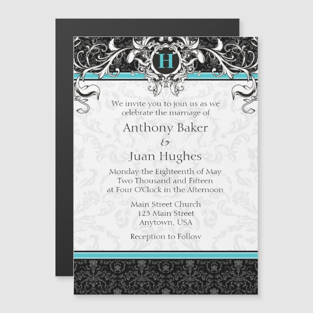 Invitation Magnétique Turquoise Aqua Blue Black Monogram Mariage (Devant / Derrière)