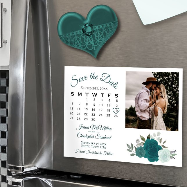 Invitation Magnétique Turquoise & Aqua Roses Calendrier & Photo Enregist (Magnetic for Easy Display!)