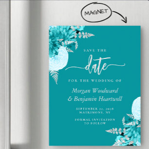 Invitation Magnétique Turquoise Argent Fleurs Mariage Économisez la Date