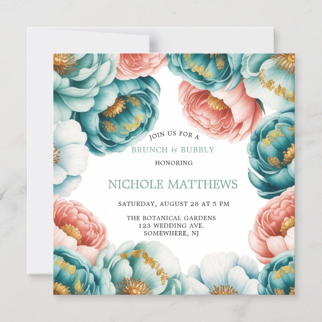 Invitation Magnétique Turquoise et Pêcher Rose Brunch & Bubbly (Recto)
