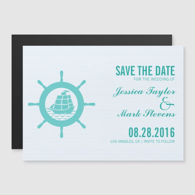 Invitation Magnétique Turquoise Green Nautical Boat Wheel Enregistrer La (Devant / Derrière)