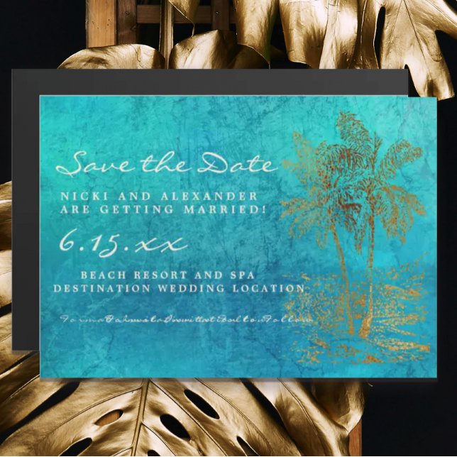Invitation Magnétique Turquoise Palm Trees Mariage d'or Date de sauvegar (Créateur téléchargé)