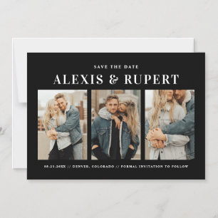 Invitation Magnétique Typographie en gras Black Trois photos Enregistrer