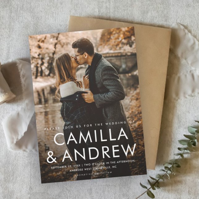 Invitation Magnétique Typographie moderne Élégant Mariage photo (Simple photo wedding invitation magnet with modern typographic overlay.)