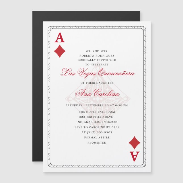 Invitation Magnétique Unique Elegant Red Las Vegas Casino Quinceañera (Devant / Derrière)