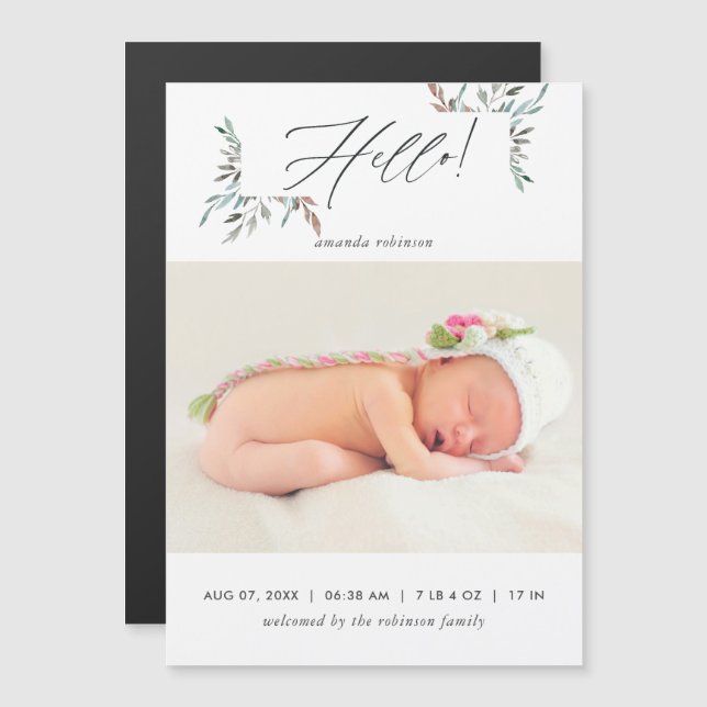 Invitation Magnétique Verdure rustique hiver bébé fille photo naissance (Devant / Derrière)