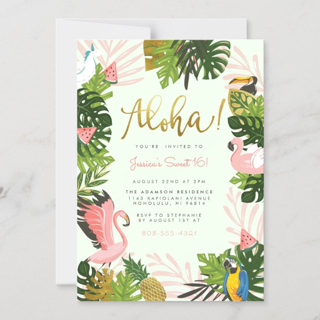 Invitation Magnétique Vert | Aloha Hawaii Tropical Gold Birthday Party (Recto)