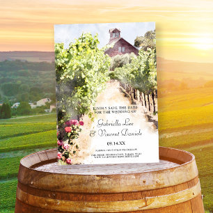 Invitation Magnétique Vignoble Rouge Grange Aquarelle Mariage Enregistre