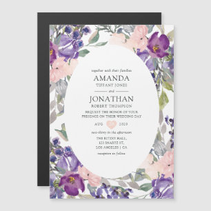 Invitation Magnétique Violet, prune et Mariage floral floue