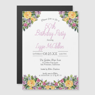 Invitation Magnétique Watercolor Floral Bouquets 50th Birthday Party