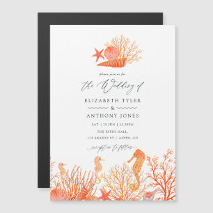 Invitation Magnétique Watercolor Living Coral Beach Wedding