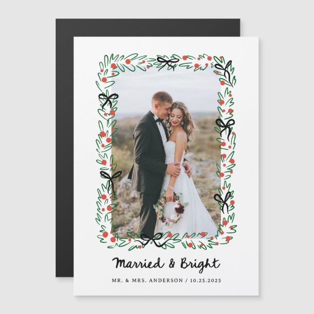 Invitation Magnétique Whimsical Frame and Bow | Photo Married and Bright (Devant / Derrière)