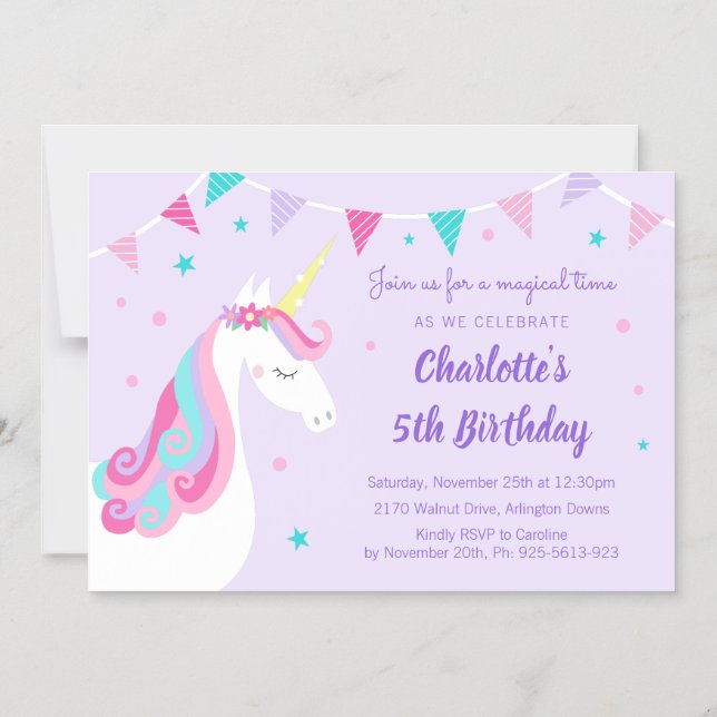 Invitation Magnétique Whimsical Rainbow Unicorn 5e anniversaire violet v (Recto)
