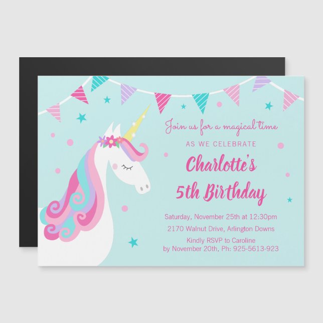 Invitation Magnétique Whimsical Rainbow Unicorn Aqua 5e anniversaire fêt (Devant / Derrière)